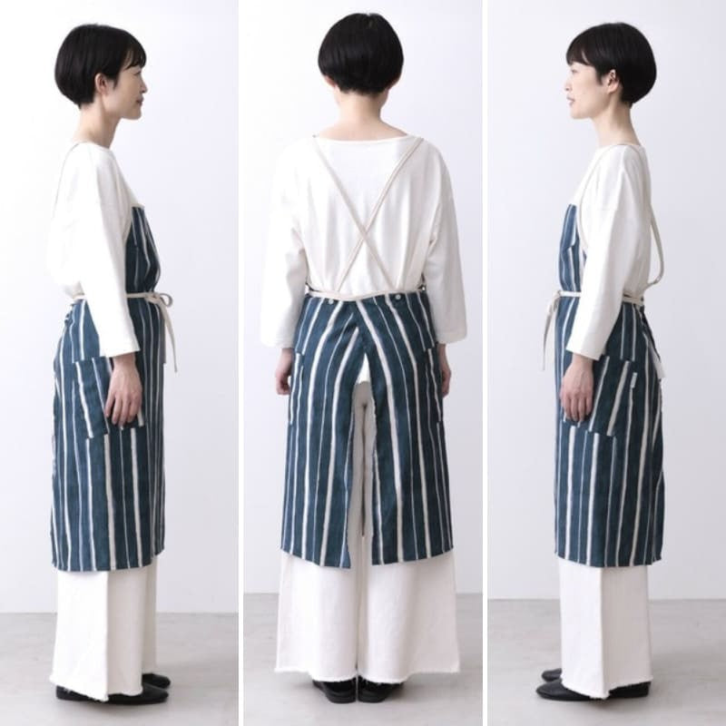 Tablier Japonais Croisé Bleu Rayé