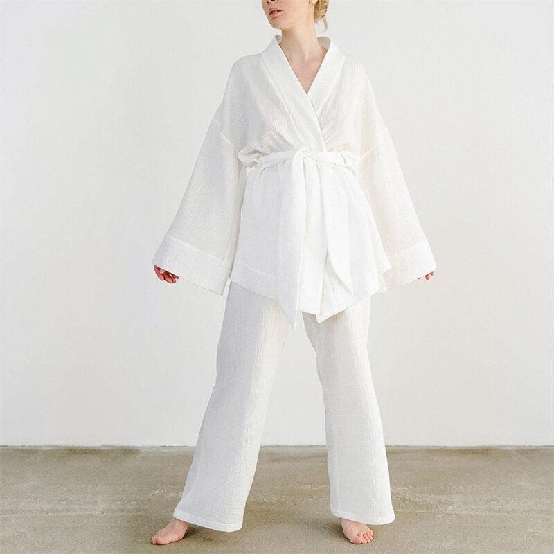 Ensemble Pyjama Femme Kimono - Blanc / S
