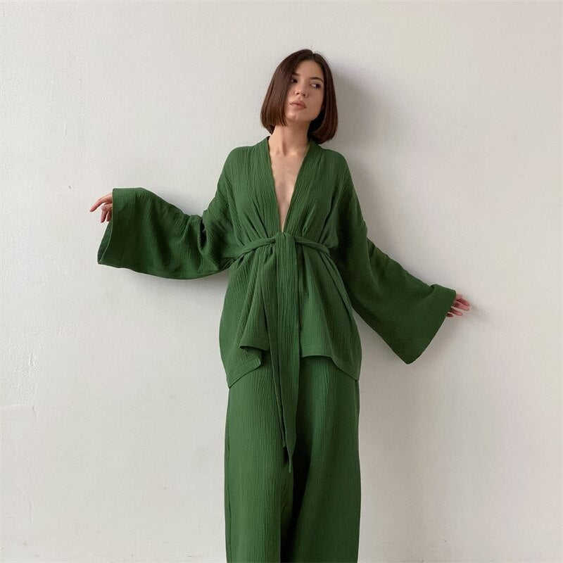 Ensemble Pyjama Femme Kimono - Vert / S