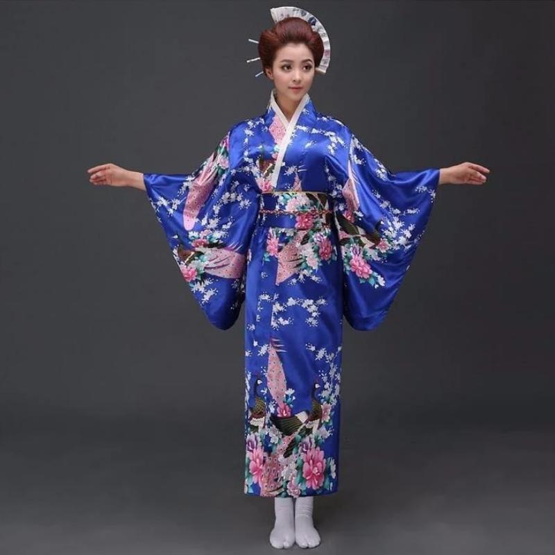 Kimono Long Japonais Fleuri - Femme - Bleu / Unique