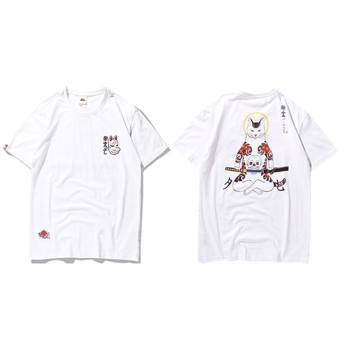 T-shirt Imprimé Japonais Samouraï Cat - Unisexe - Blanc / M