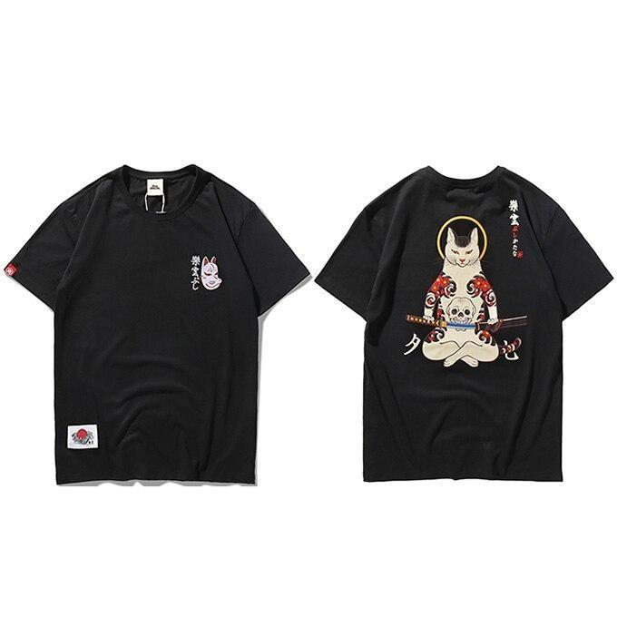 T-shirt Imprimé Japonais Samouraï Cat - Unisexe - Noir / M