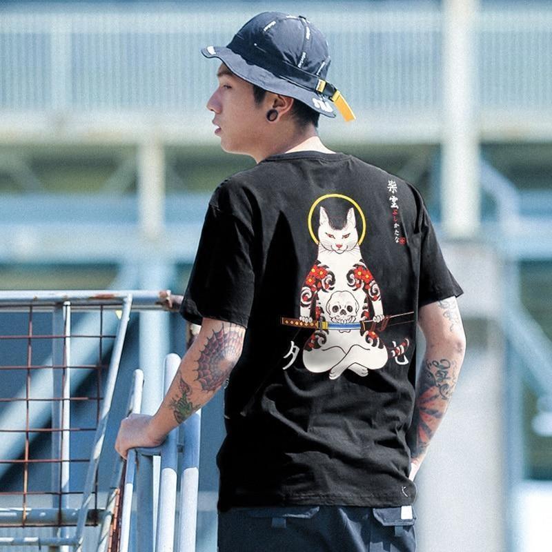 T-shirt Imprimé Japonais Samouraï Cat - Unisexe