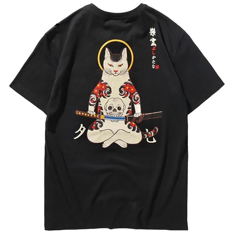 T-shirt Imprimé Japonais Samouraï Cat - Unisexe