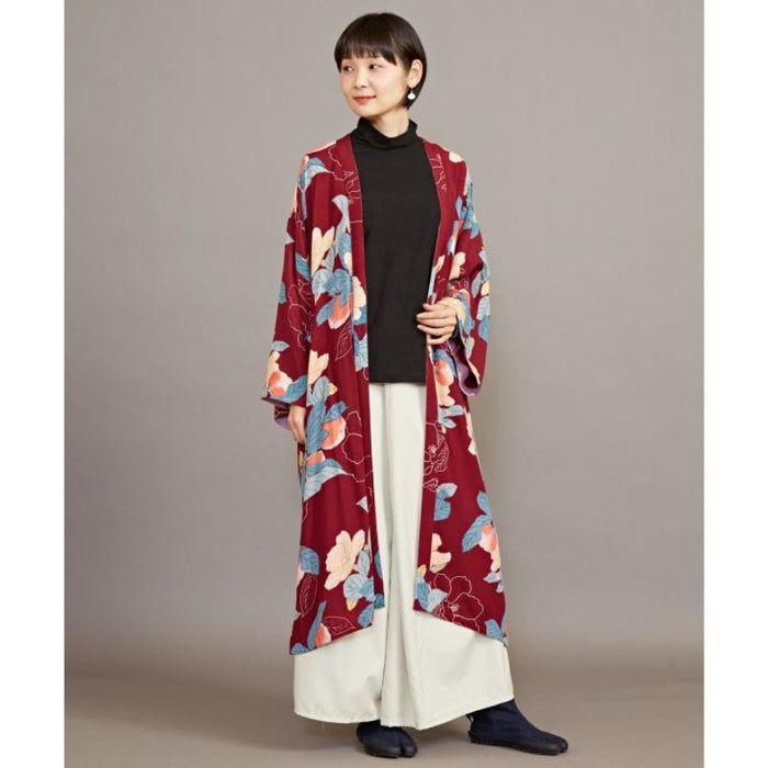 Veste Japonaise Longue Femme Rouge Fleurs